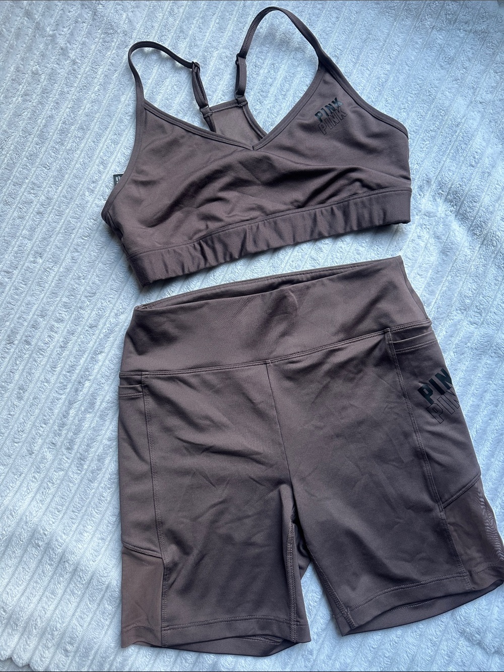 PINK Victoria's Secret Chocolate Brown Sports Bra and High-Waist Bike Shorts Set